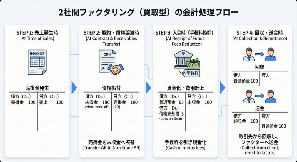 2社間ファクタリングにおける仕訳とキャッシュフローイラスト